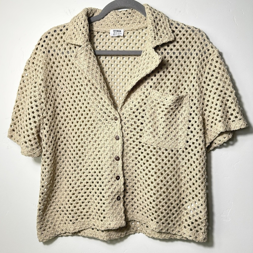 Cotton:On‎ Open-Knit Open-Stitch Short-Sleeve Button Down Shirt Coastal Grandma